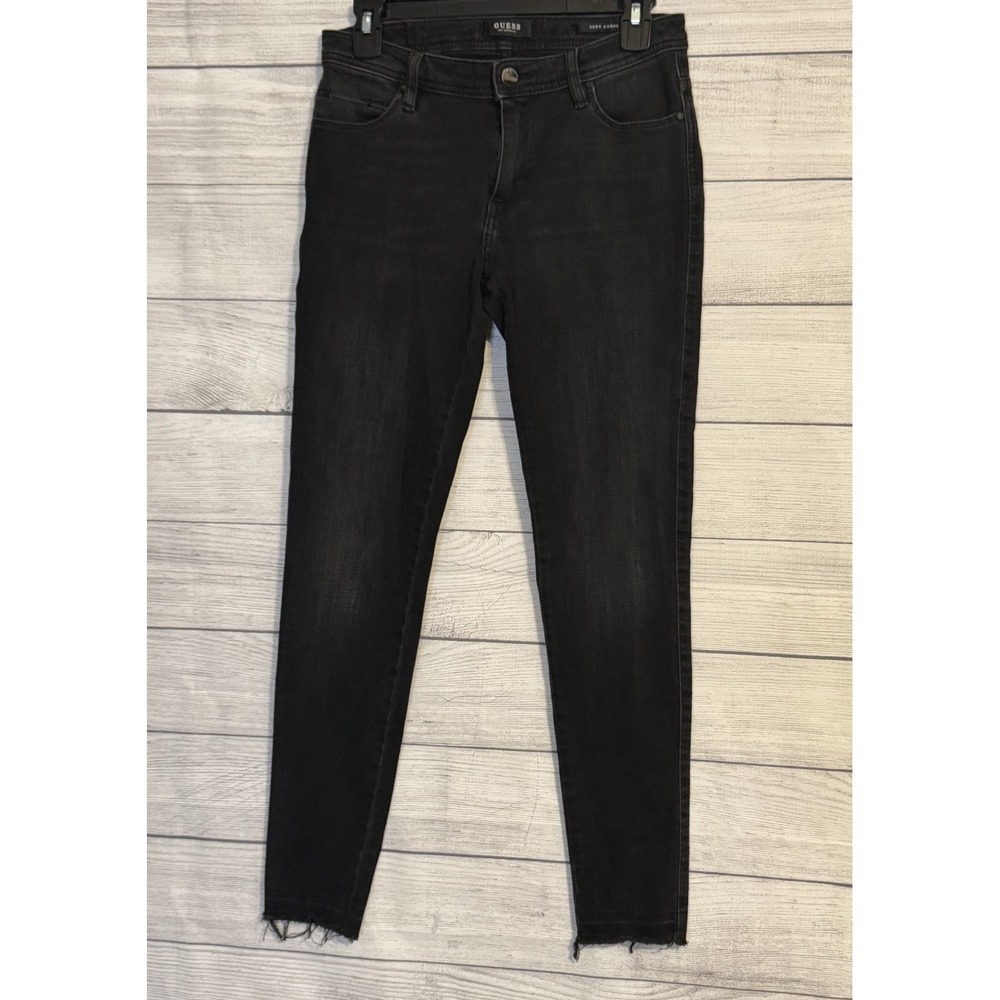 GUESS Women's Sexy Curve Black Jeans Size 28 Raw Hem Mid Rise Stretch